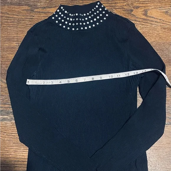 INC International Concepts Black Ribbed Sweater with Rhinestone Collar - Picture 5 of 11